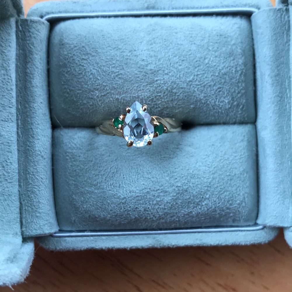 10K Gold Aquamarine + Emerald Ring